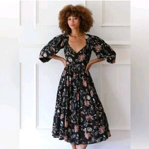 Mille Resort & Travel Dress Size S Women Midi Black Floral Puff Sleeve Pockets